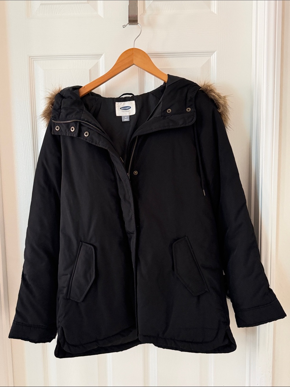 Old Navy Black Hooded Puffer Coat with Faux Fur Trim